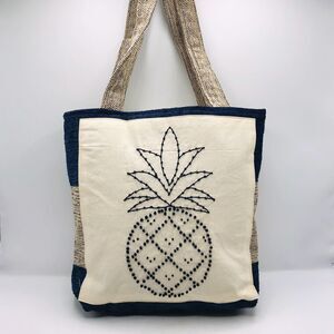 Basic Lizbet Library Tote Bag, Nautical Blue Pineapple With Inside Pockets